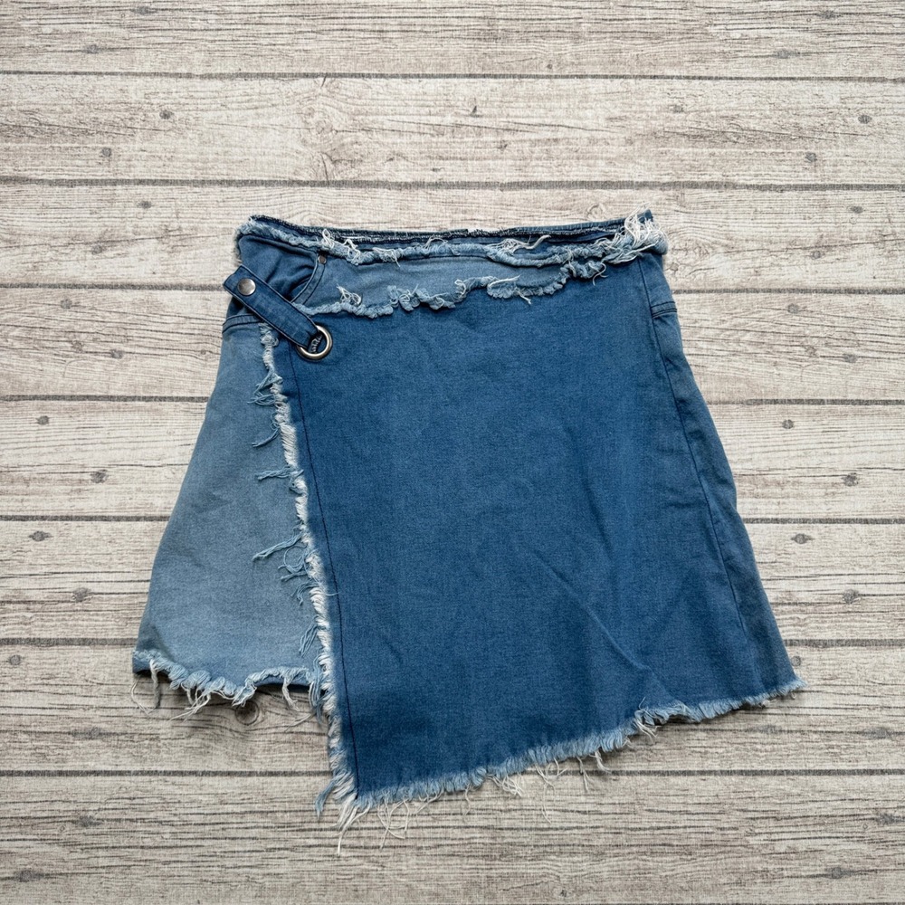 Zeza B Mini Skirt Womens Medium Blue Two-Tone Denim Asymmetrical Wrap Streetwear